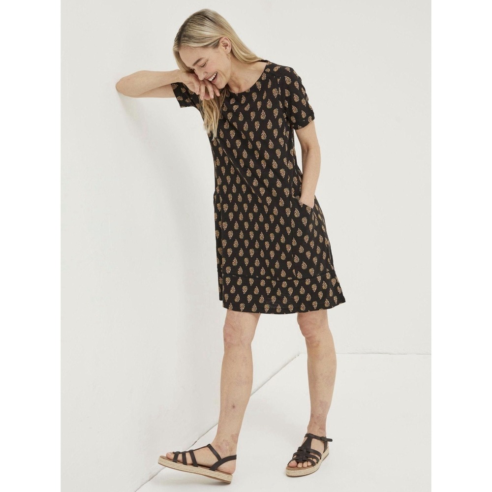 FatFace Womens Paisley Print Shift Dress Black Boho Short Sleeve Midi Size 6